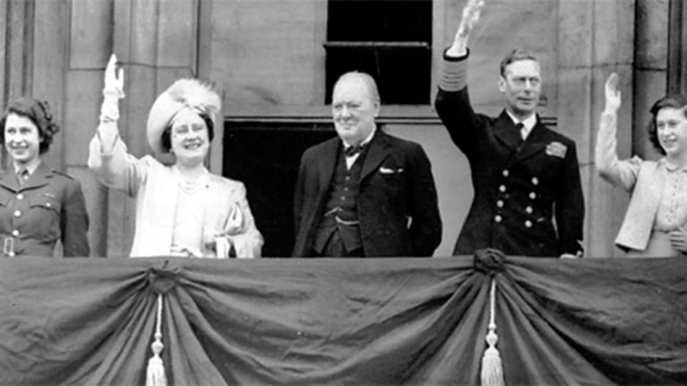 Archive photo of Winston Churchill and the Royal Family on the balcony VE Day 8 May 1945. L-R Princess Elizabeth, Queen Elizabeth the Queen Mother, King George VI, Winston Churchill, Princess Margaret